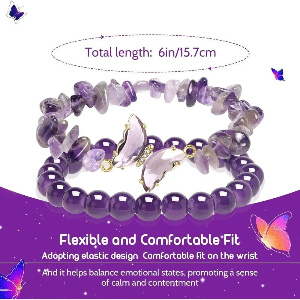 Purple Beaded Healing Bracelet with Butterfly Charm for Women